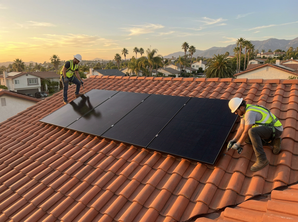A professional solar installation crew working on a Southern California rooftop at golden hour