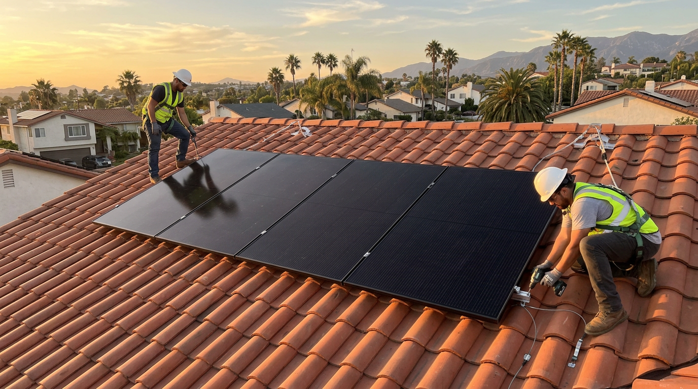 A professional solar installation crew working on a Southern California rooftop at golden hour