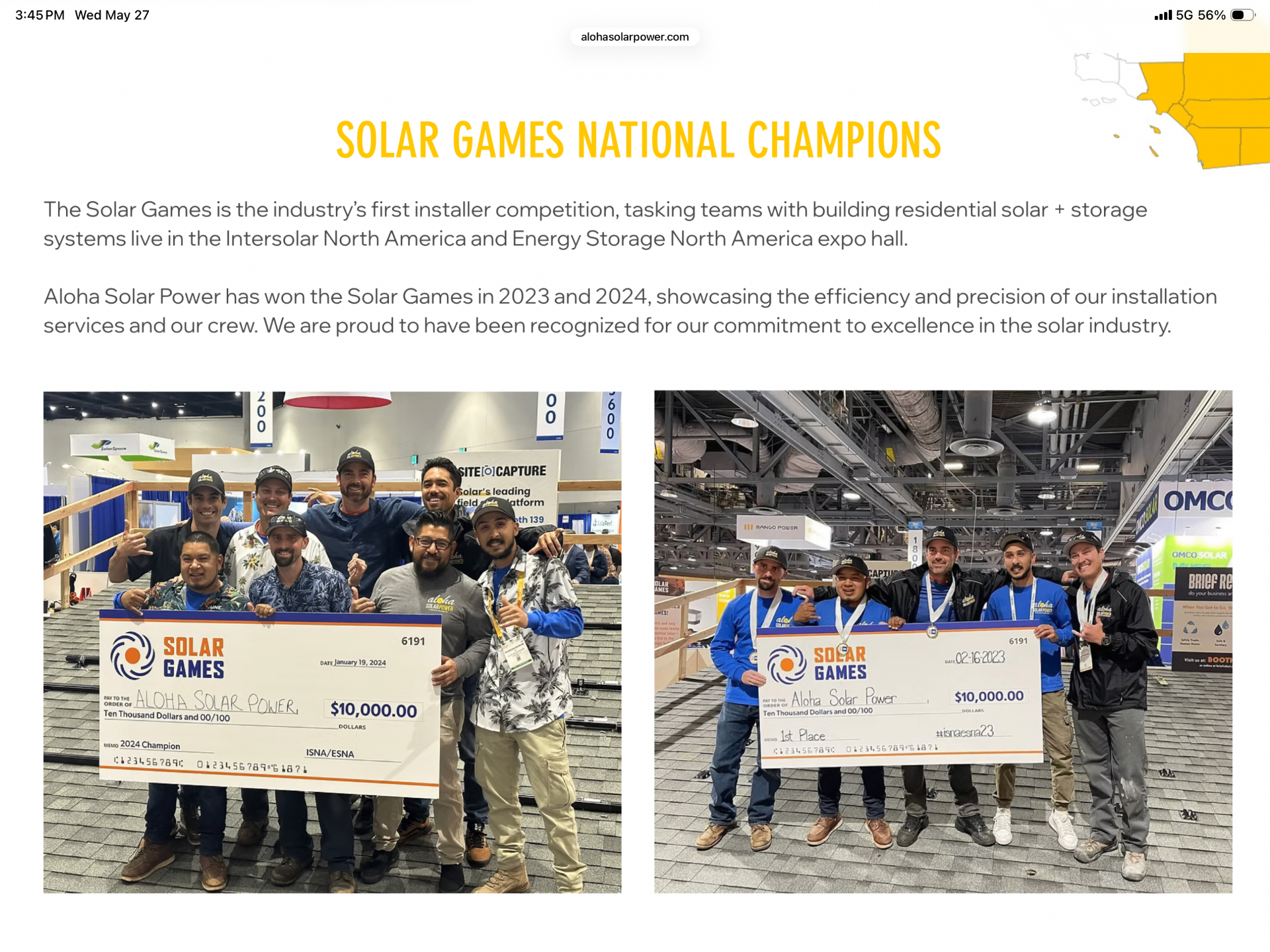Aloha Solar Power installation teams holding $10,000 winners' checks after back-to-back first-place finishes at the Solar Games National Competition in 2023 and 2024