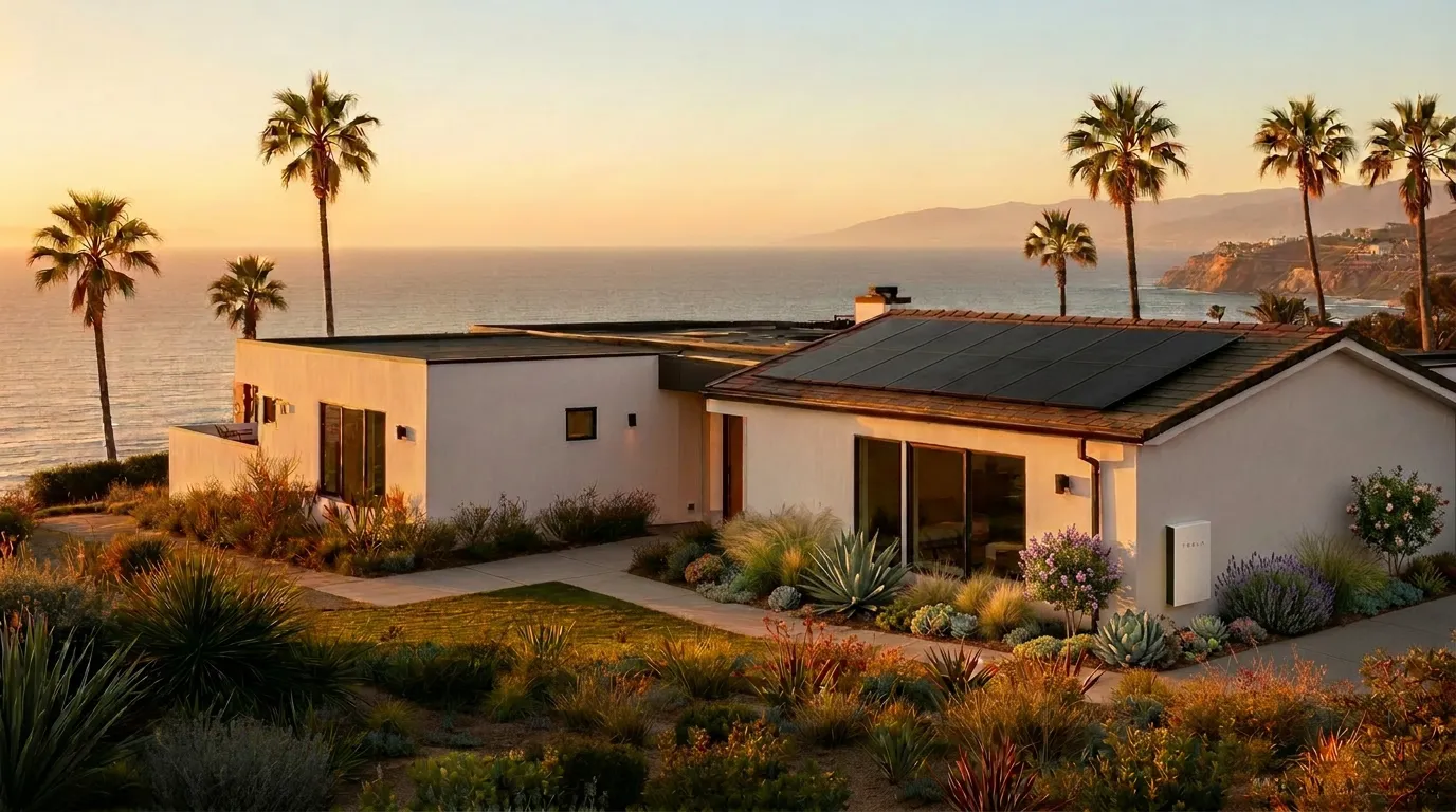 Modern coastal Southern California home with solar at golden hour